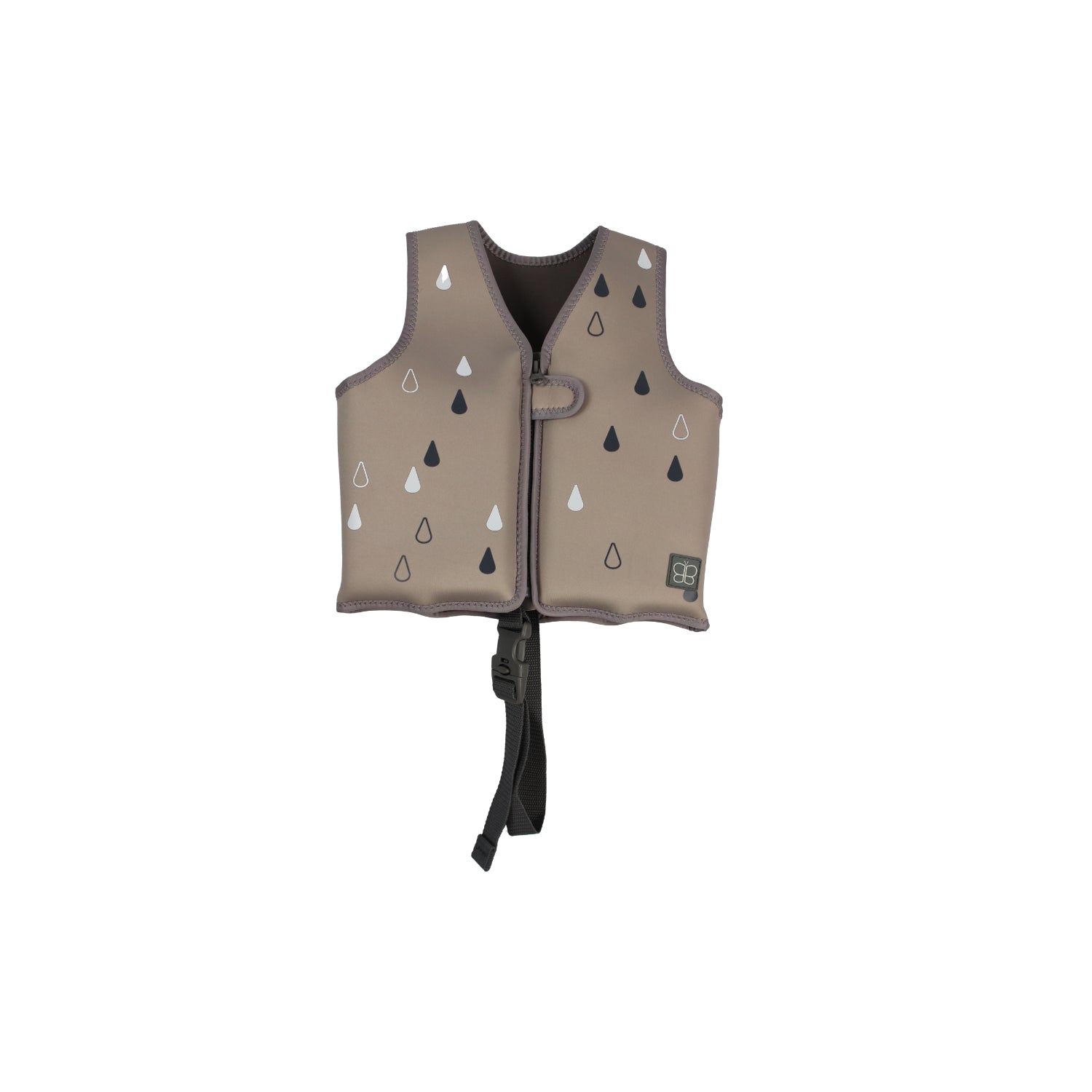 chaleco de flotación BBLUV en color beige con diseño de gotas, vista frontal